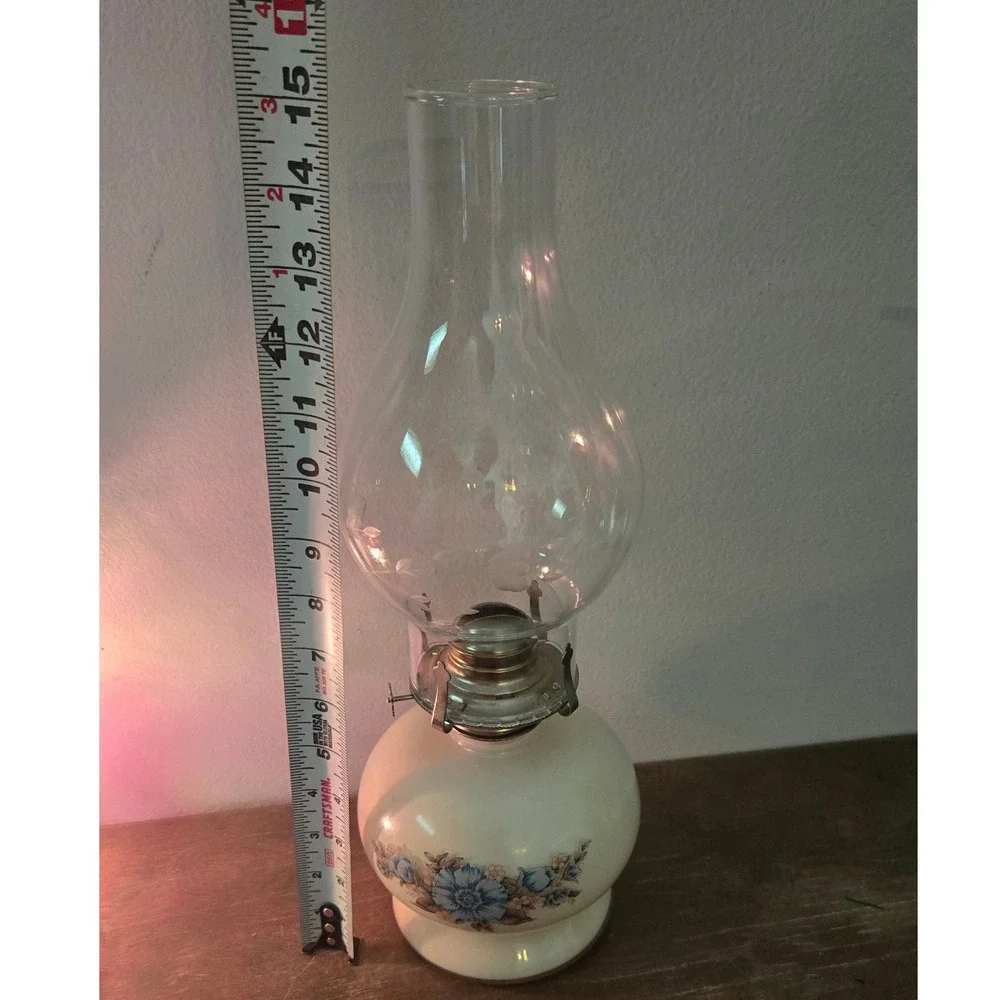 Vintage Lamplight Farms Oil Lamp Blue Floral Milk Glass Princess House Chimney